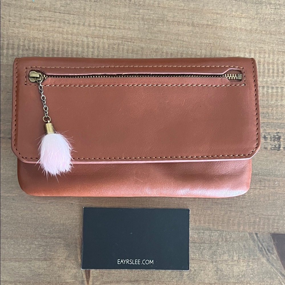 Eayrslee Tan Leather Clutch with Pink Tassel
